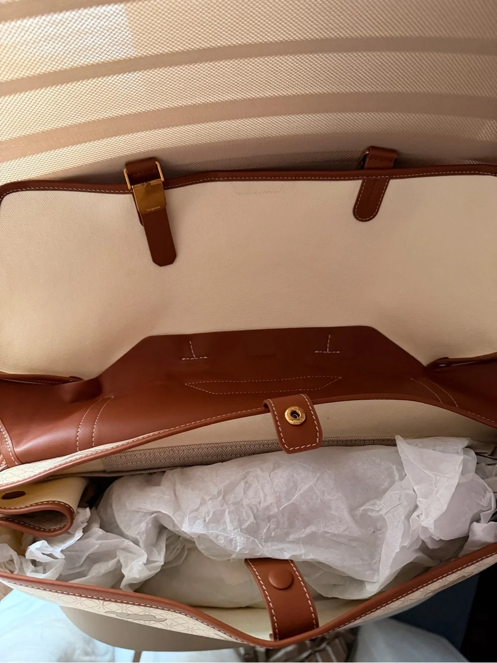 Songmont Shan Briefcase (Large) in Cream and Brown Patterned with Gold Accents